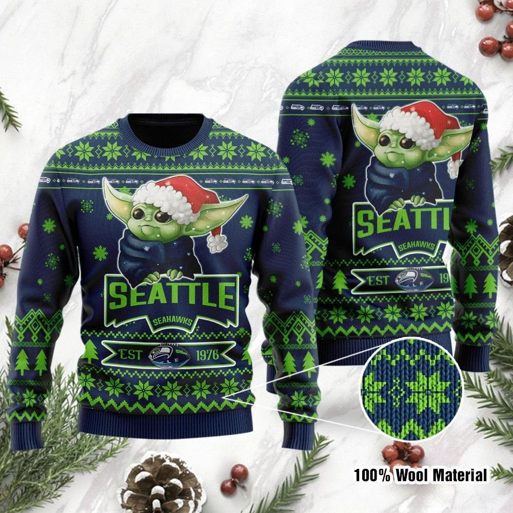 Seattle Seahawks Cute Baby Yoda Grogu Ugly Christmas Sweater Adult 3D Funny Matching for family