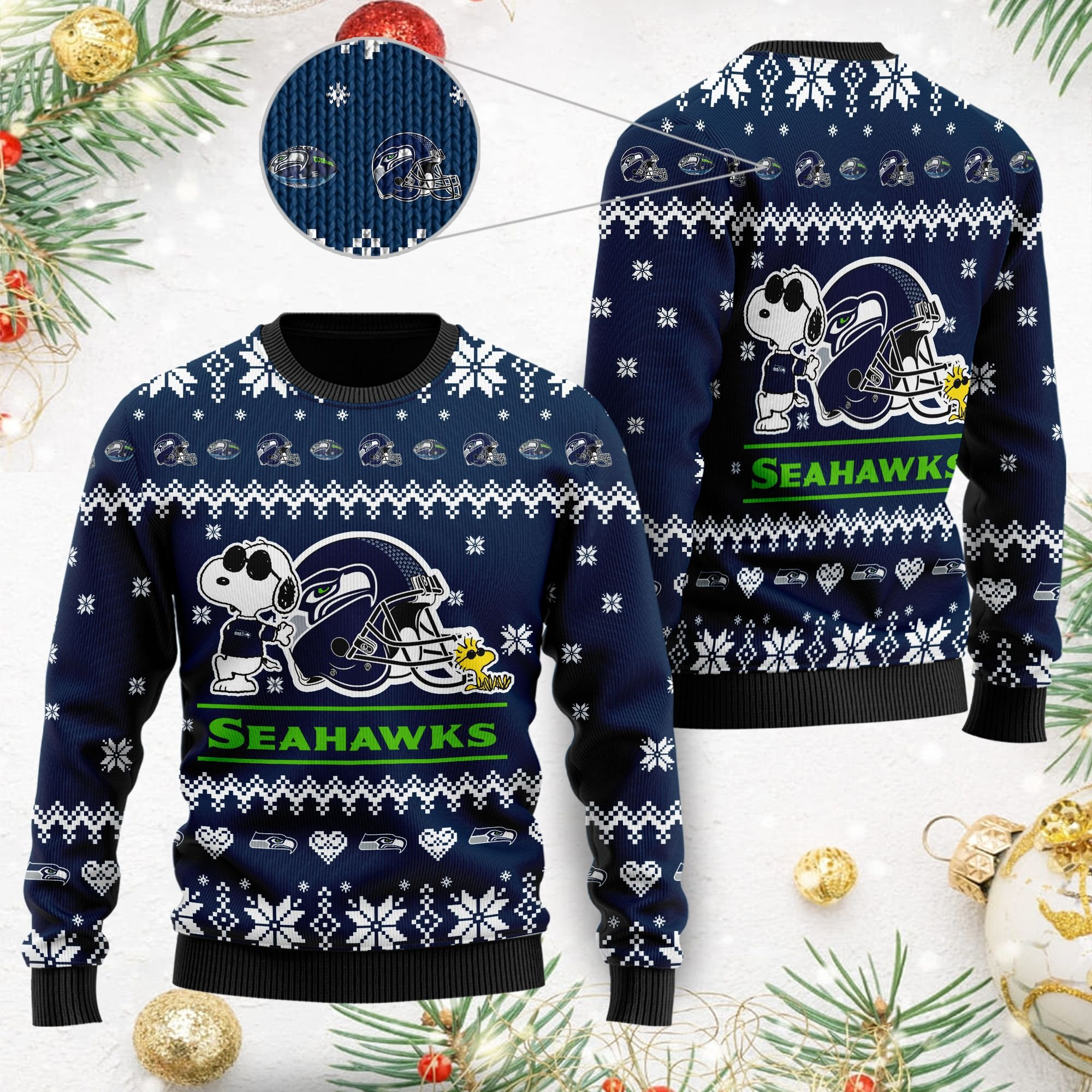 Seattle Seahawks Cute The Snoopy Show Football Helmet 3D Ugly Christmas Sweater Adult 3D Funny Matching for family