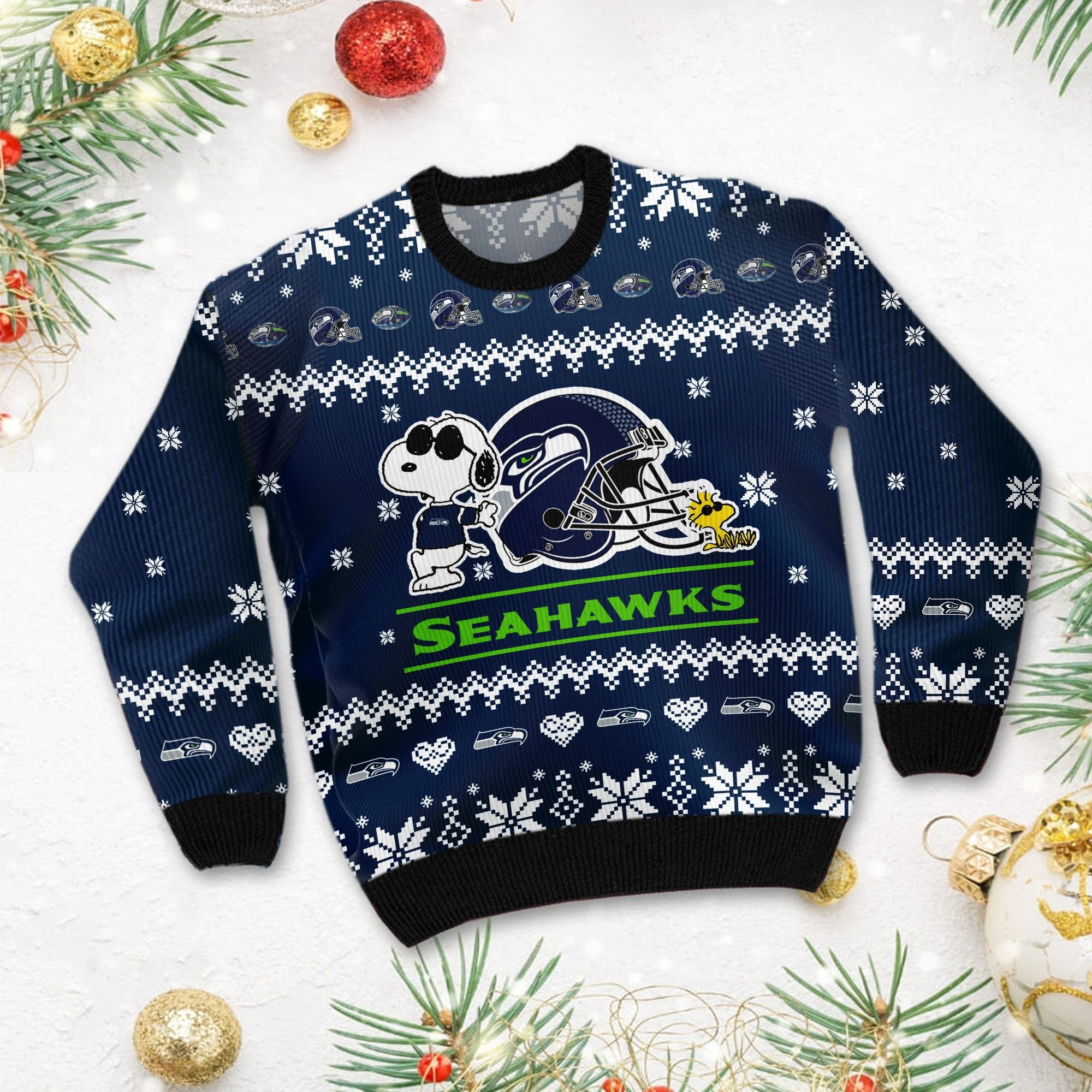 Seattle Seahawks Cute The Snoopy Show Football Helmet 3D Ugly Christmas Sweater Adult 3D Funny Matching for family - Image 3