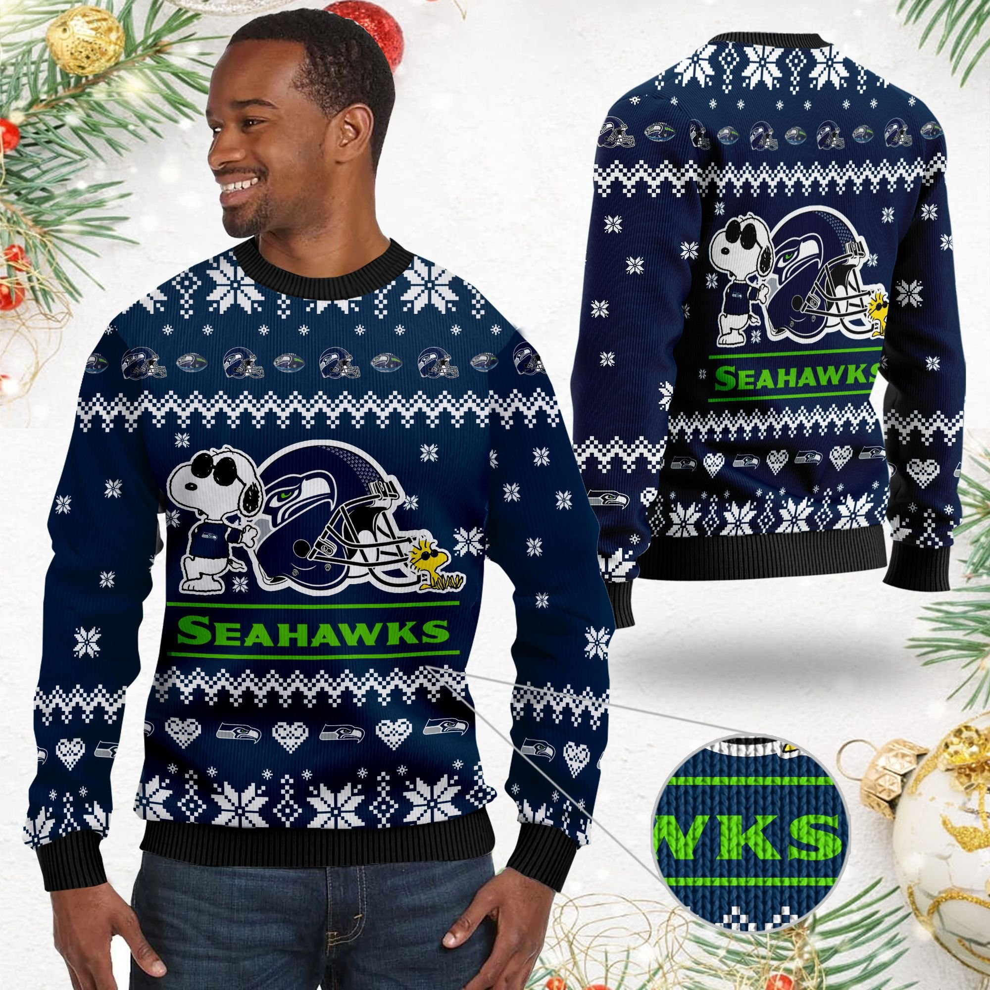 Seattle Seahawks Cute The Snoopy Show Football Helmet 3D Ugly Christmas Sweater Adult 3D Funny Matching for family - Image 2