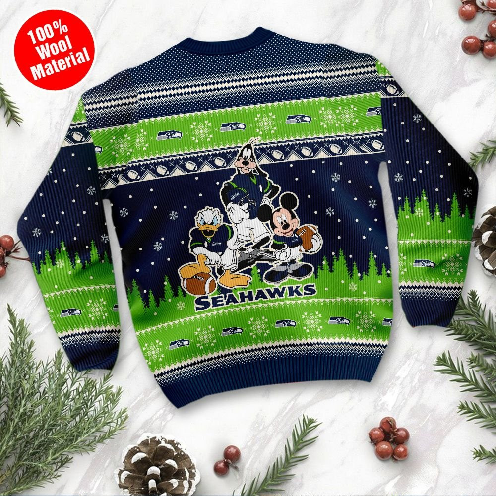 Seattle Seahawks Disney Donald Duck Mickey Mouse Goofy Personalized Ugly Christmas Sweater Adult 3D Funny Matching for family - Image 3