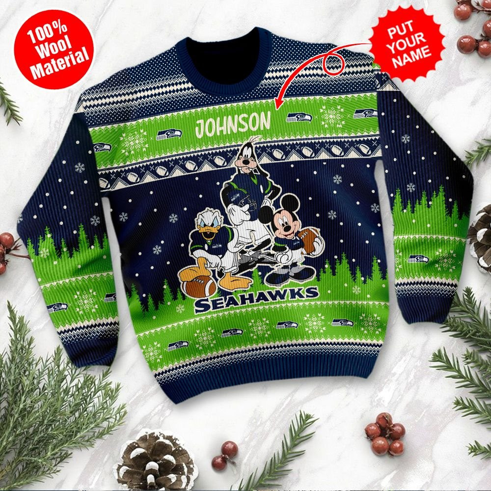 Seattle Seahawks Disney Donald Duck Mickey Mouse Goofy Personalized Ugly Christmas Sweater Adult 3D Funny Matching for family - Image 2