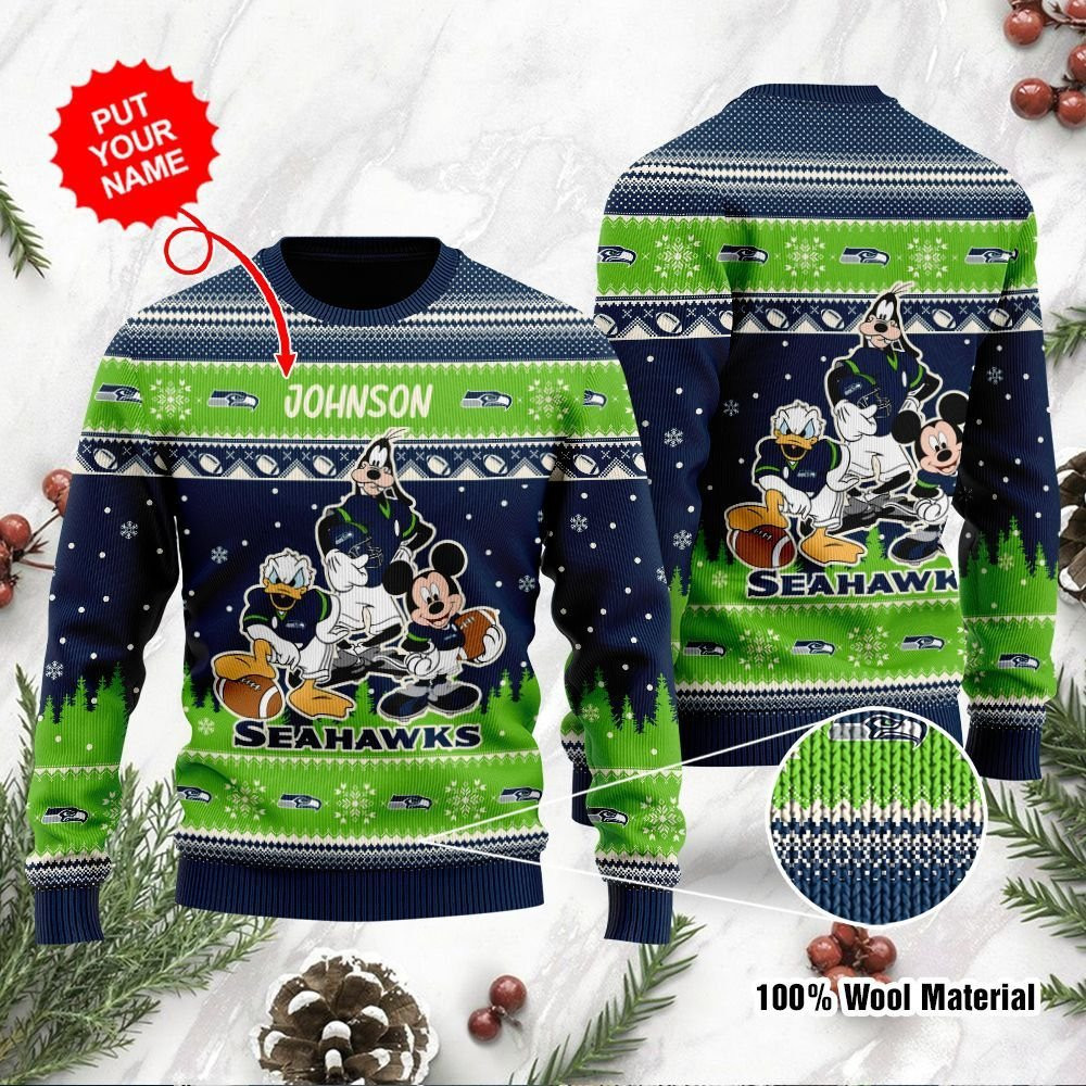 Seattle Seahawks Disney Donald Duck Mickey Mouse Goofy Personalized Ugly Christmas Sweater Adult 3D Funny Matching for family