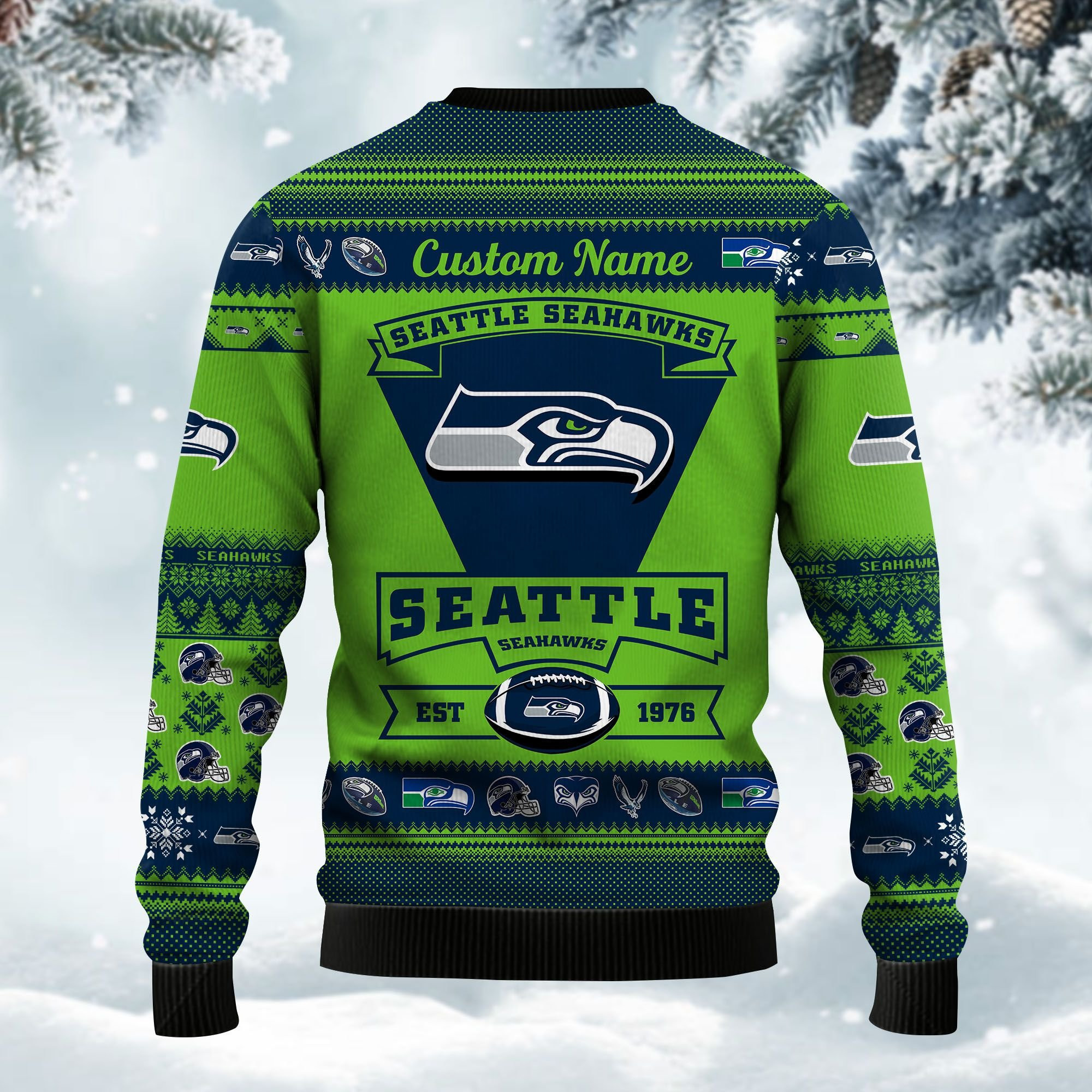 Seattle Seahawks Football Team Logo Custom Name Personalized Ugly Christmas Sweater Adult 3D Funny Matching for family - Image 4