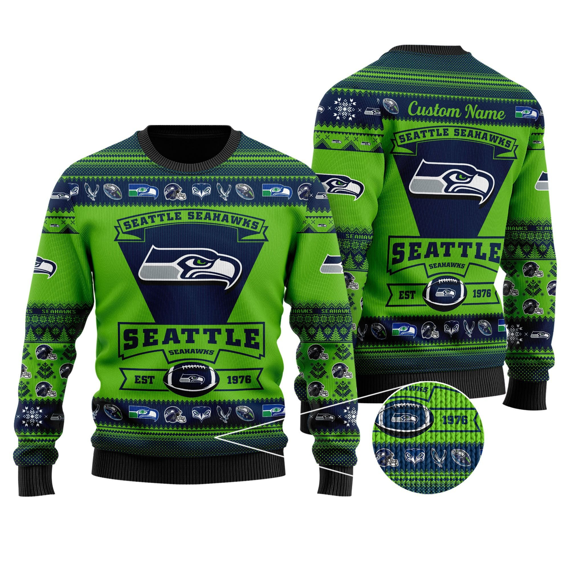 Seattle Seahawks Football Team Logo Custom Name Personalized Ugly Christmas Sweater Adult 3D Funny Matching for family - Image 2
