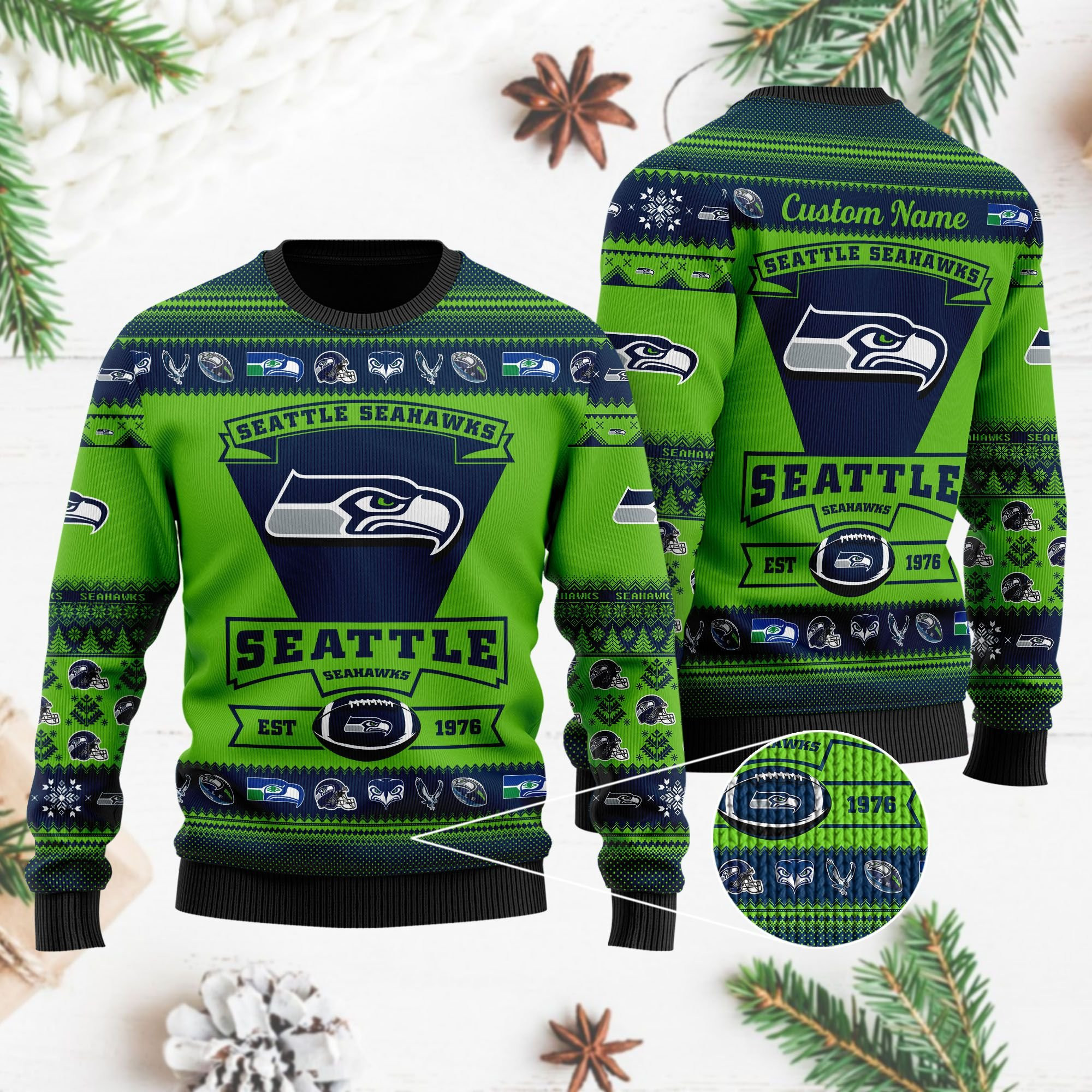 Seattle Seahawks Football Team Logo Custom Name Personalized Ugly Christmas Sweater Adult 3D Funny Matching for family