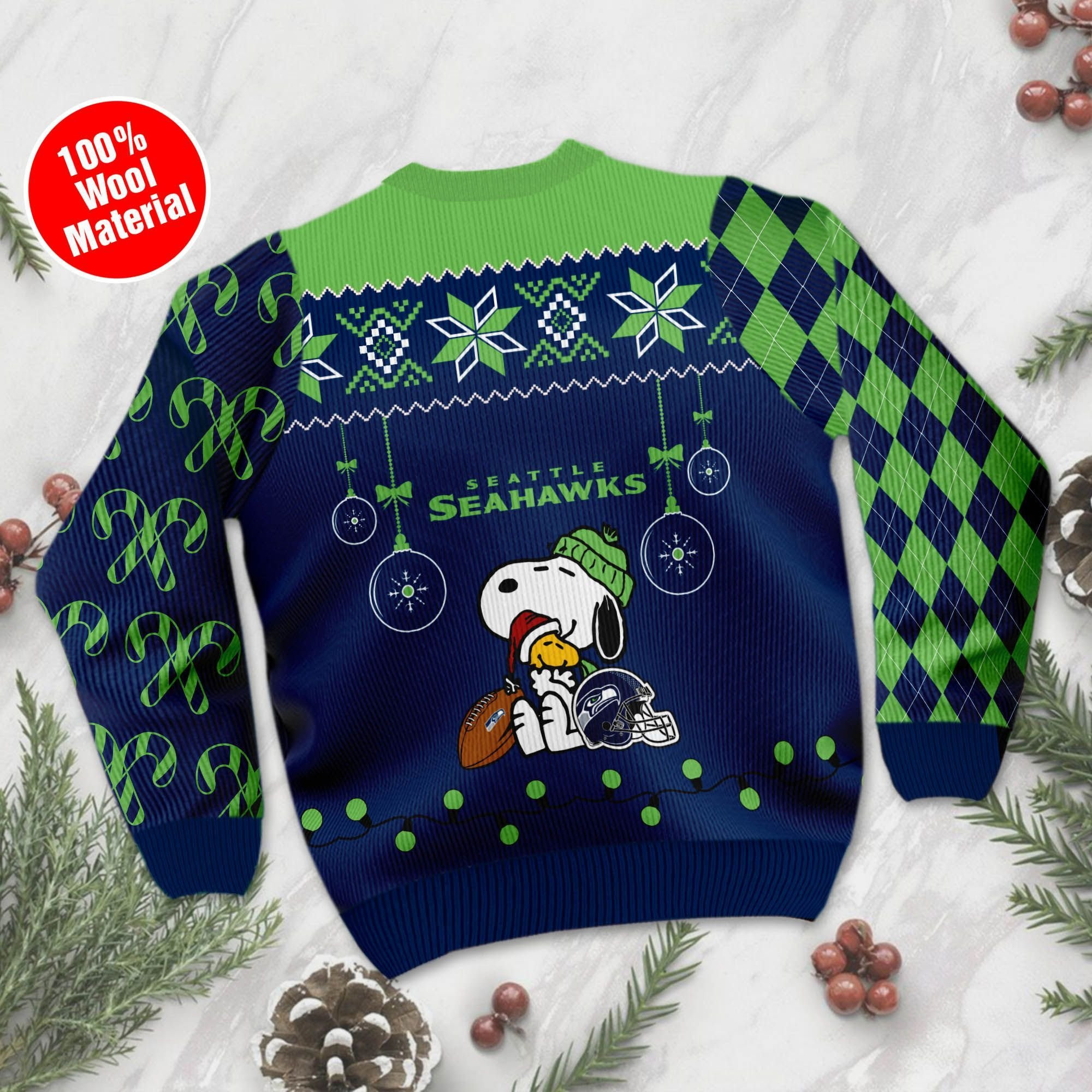 Seattle Seahawks Funny Charlie Brown Peanuts Snoopy Ugly Christmas Sweater Adult 3D Funny Matching for family - Image 3