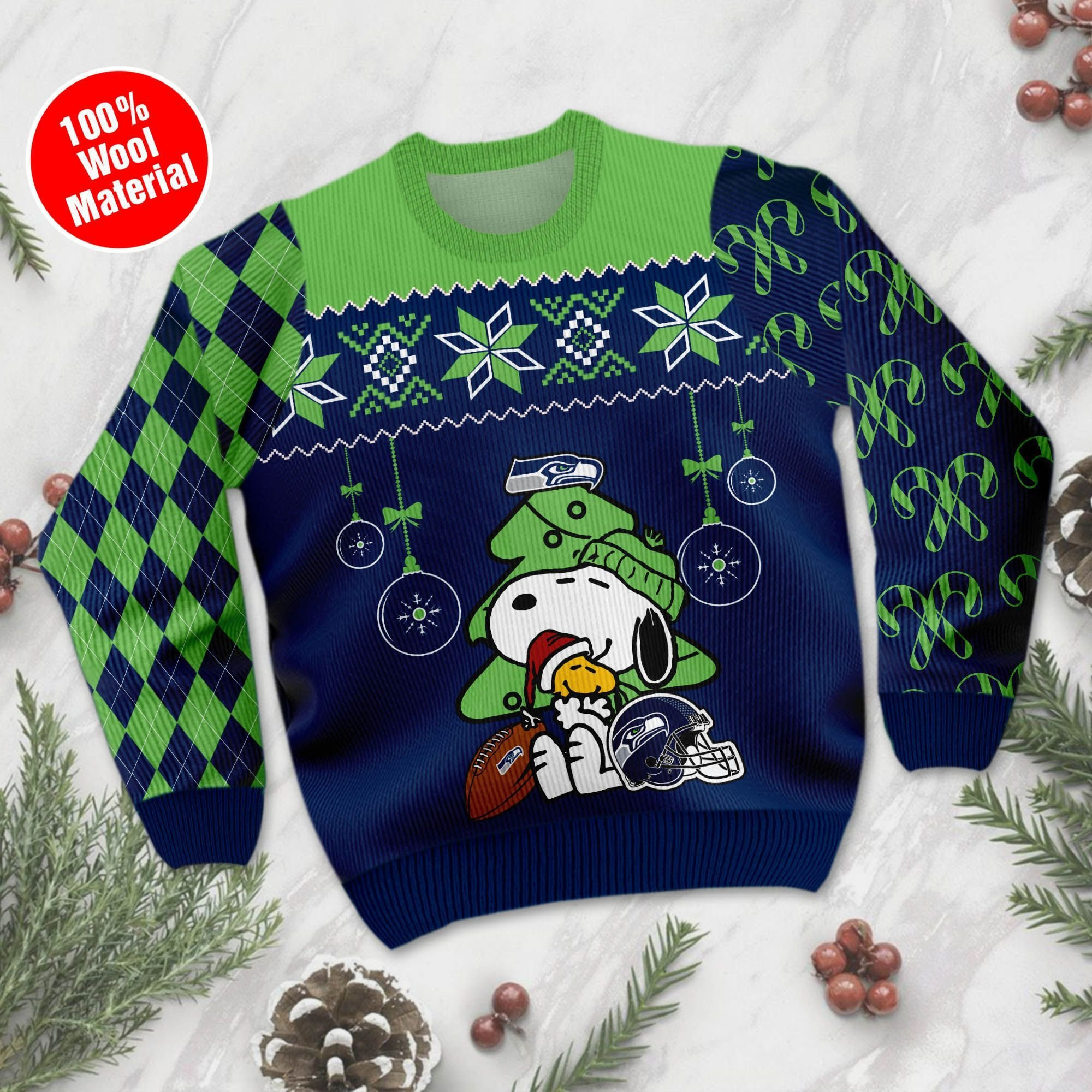 Seattle Seahawks Funny Charlie Brown Peanuts Snoopy Ugly Christmas Sweater Adult 3D Funny Matching for family - Image 2