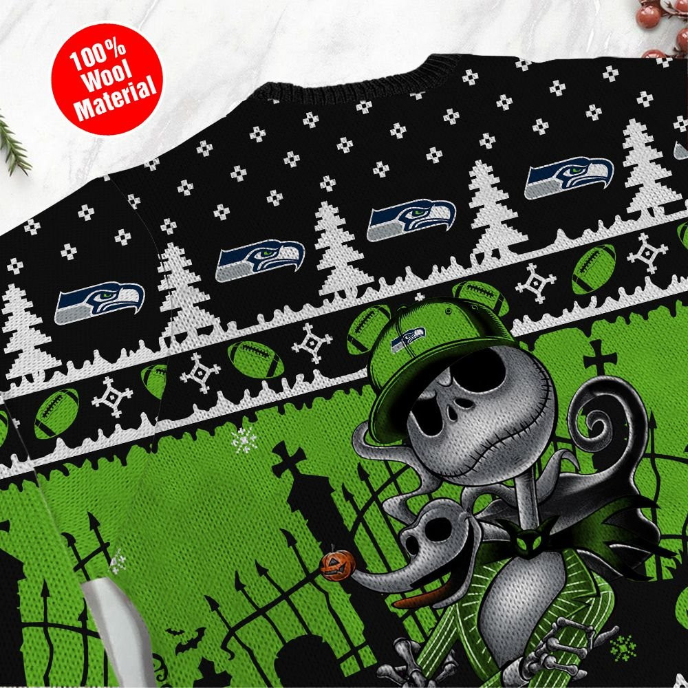 Seattle Seahawks Jack Skellington Halloween Holiday Party Ugly Christmas Sweater Adult 3D Funny Matching for family - Image 5