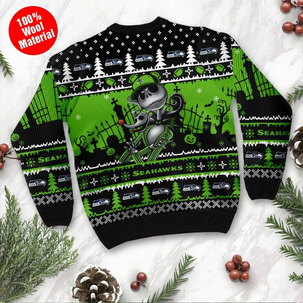 Seattle Seahawks Jack Skellington Halloween Holiday Party Ugly Christmas Sweater Adult 3D Funny Matching for family - Image 3