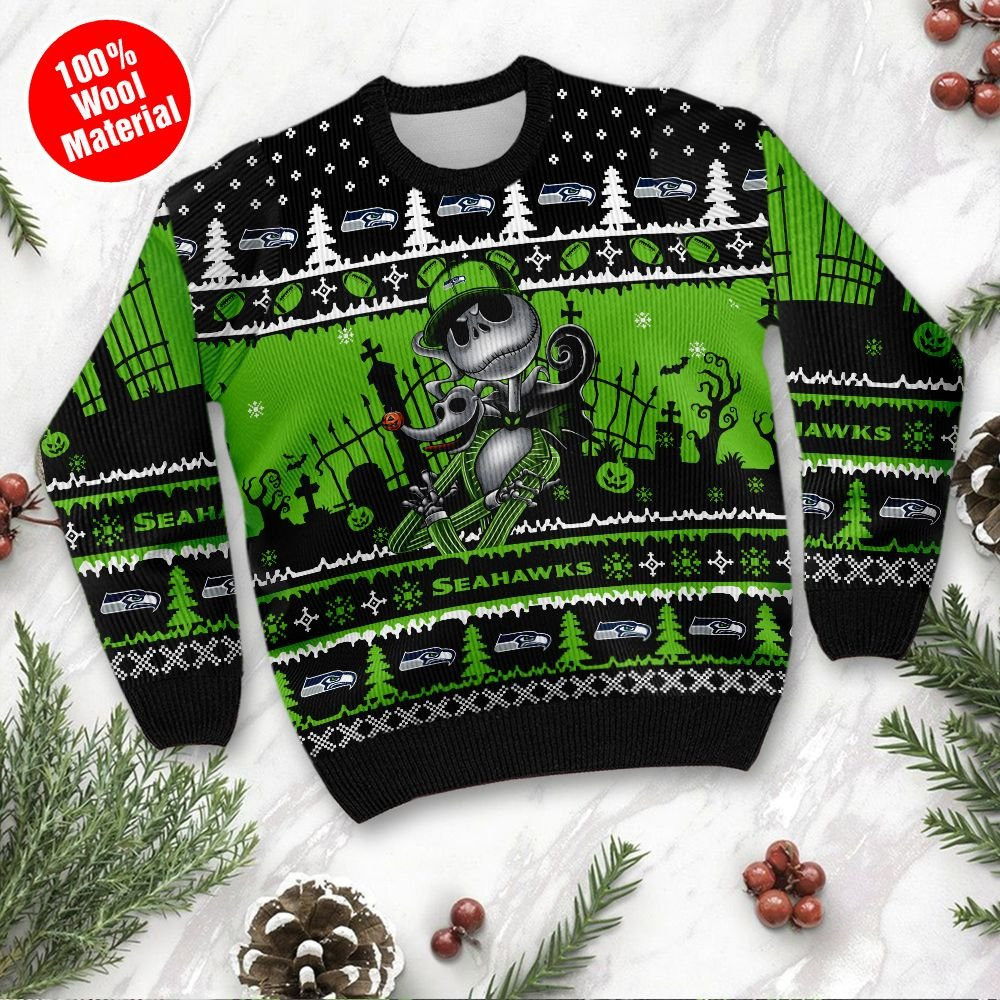 Seattle Seahawks Jack Skellington Halloween Holiday Party Ugly Christmas Sweater Adult 3D Funny Matching for family - Image 2