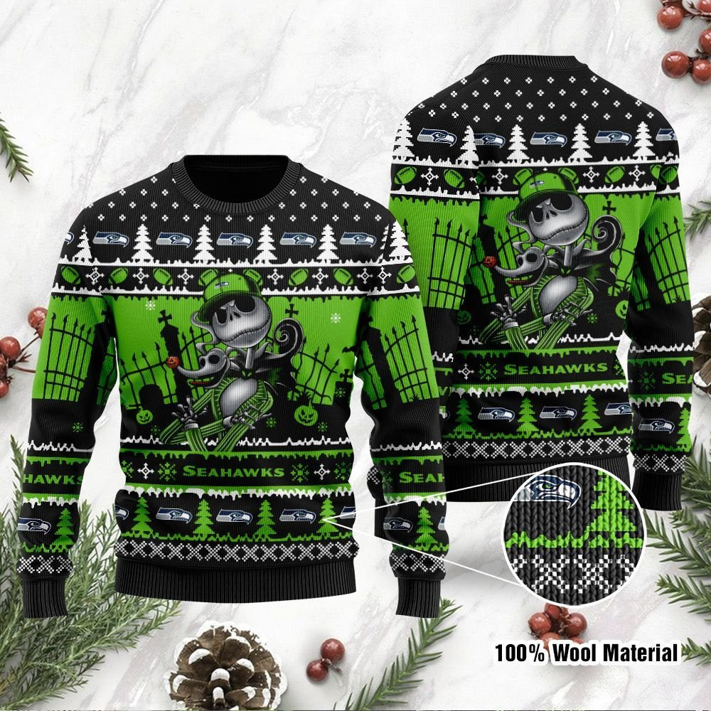 Seattle Seahawks Jack Skellington Halloween Holiday Party Ugly Christmas Sweater Adult 3D Funny Matching for family
