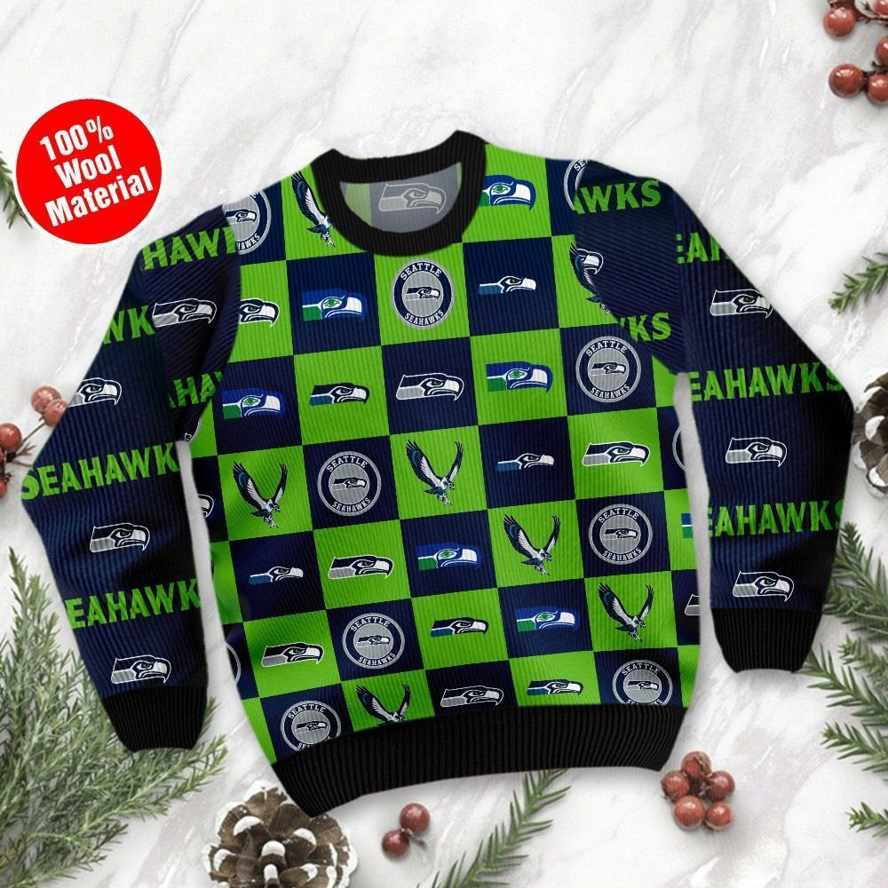 Seattle Seahawks Logo Checkered Flannel Design Ugly Christmas Sweater Adult 3D Funny Matching for family - Image 2