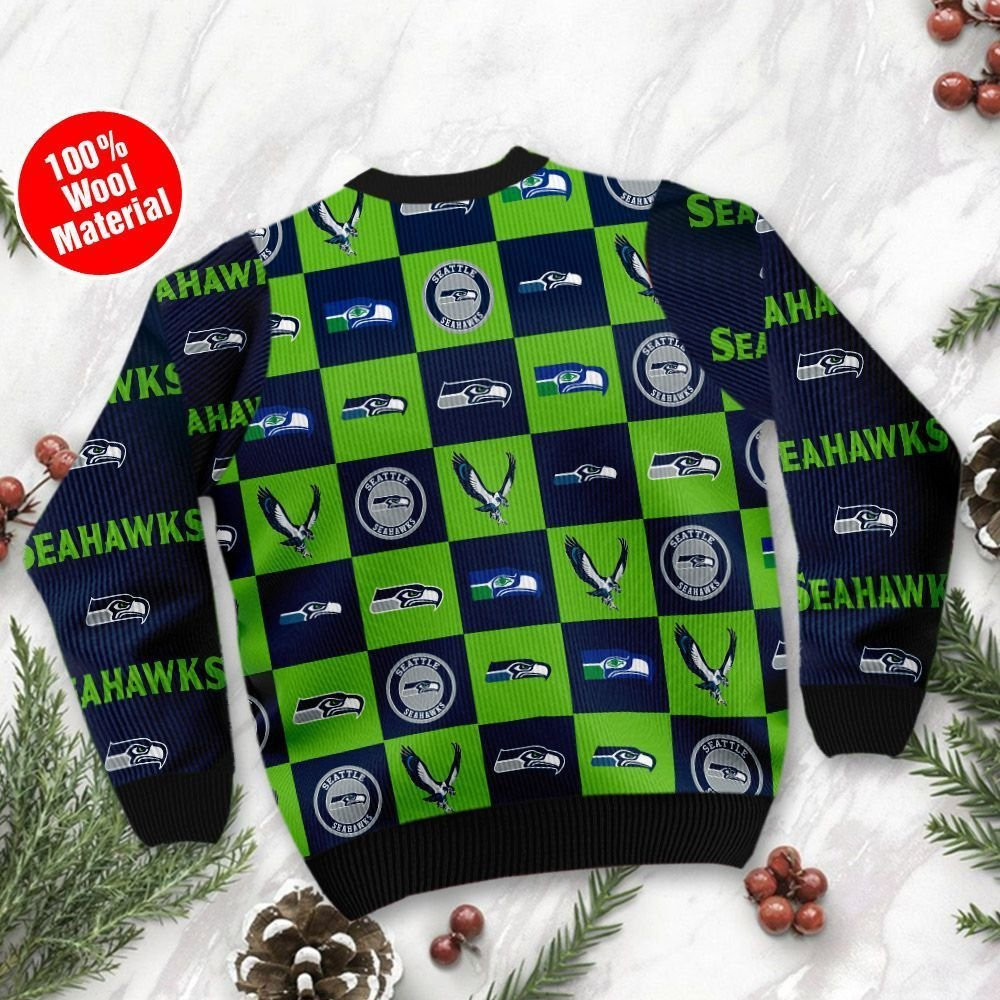 Seattle Seahawks Logo Checkered Flannel Design Ugly Christmas Sweater Adult 3D Funny Matching for family - Image 3