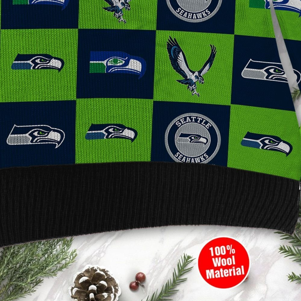 Seattle Seahawks Logo Checkered Flannel Design Ugly Christmas Sweater Adult 3D Funny Matching for family - Image 4