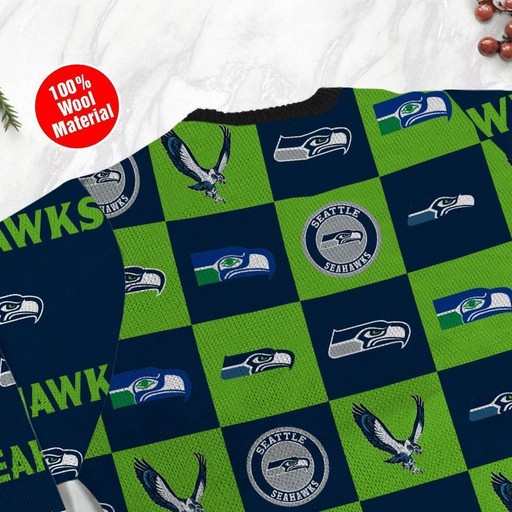 Seattle Seahawks Logo Checkered Flannel Design Ugly Christmas Sweater Adult 3D Funny Matching for family - Image 5