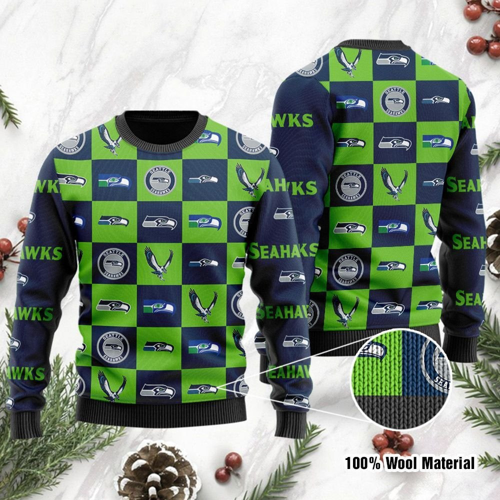 Seattle Seahawks Logo Checkered Flannel Ugly Christmas Sweater Adult 3D Funny Matching for family