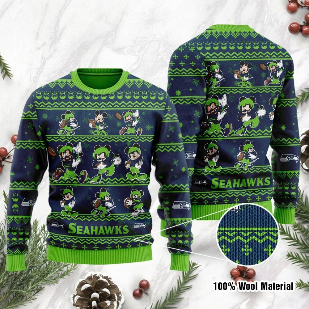 Seattle Seahawks Mickey Mouse Ugly Christmas Sweater Adult 3D Funny Matching for family
