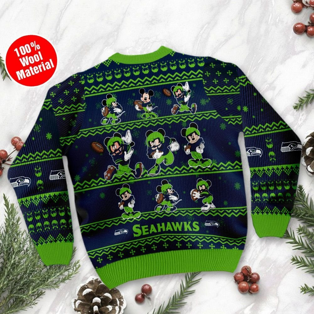 Seattle Seahawks Mickey Mouse Ugly Christmas Sweater Adult 3D Funny Matching for family - Image 3