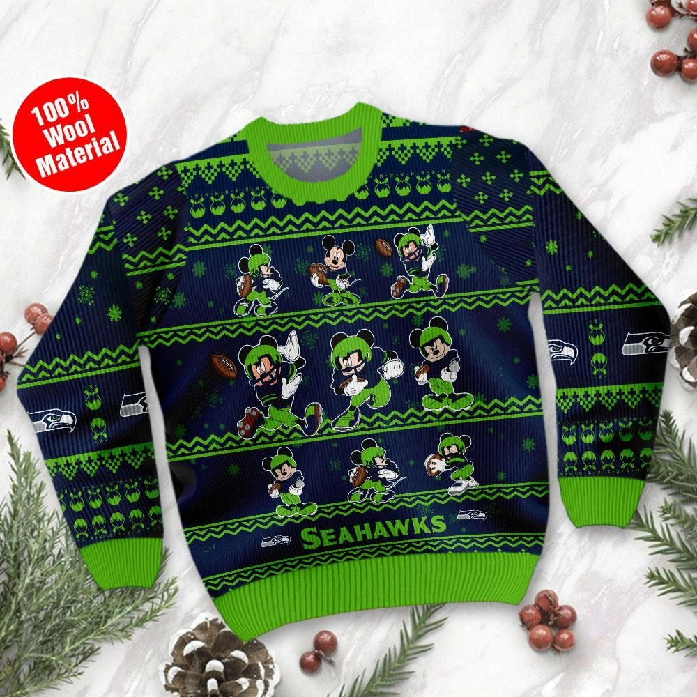 Seattle Seahawks Mickey Mouse Ugly Christmas Sweater Adult 3D Funny Matching for family - Image 2