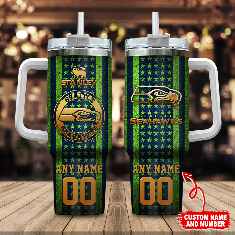 Seattle Seahawks NFL Golden Logos US Flag Custom Stanley Cup 40 oz 30 oz Tumbler With HandleTVC230181
