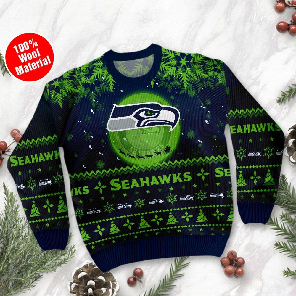 Seattle Seahawks Santa Claus In The Moon Ugly Christmas Sweater Adult 3D Funny Matching for family - Image 2