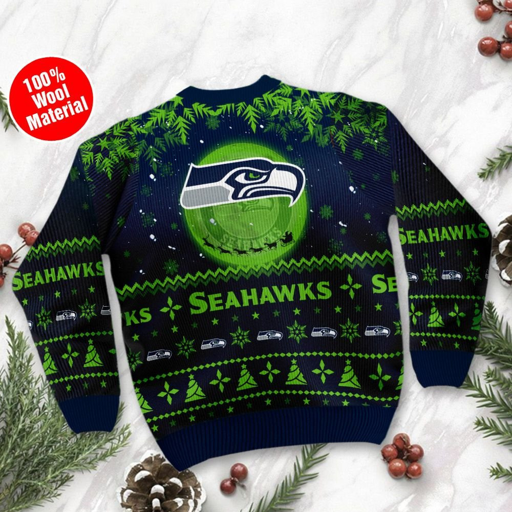 Seattle Seahawks Santa Claus In The Moon Ugly Christmas Sweater Adult 3D Funny Matching for family - Image 3