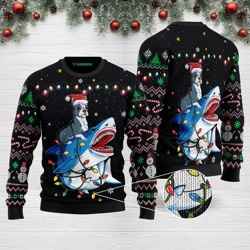 Shark Boston Terrier Ugly Christmas Sweater Adult 3D Funny Matching for family