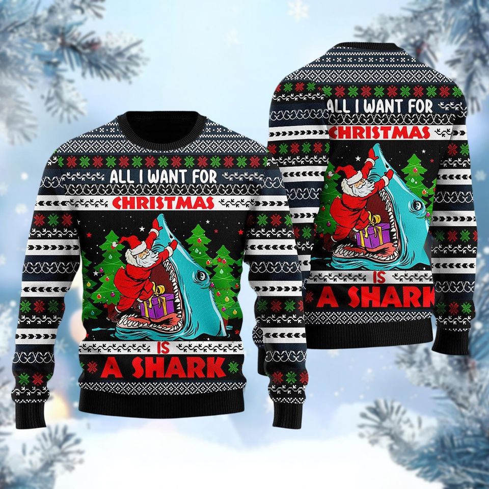 Shark Christmas Ugly Sweater, Funny Santa Holiday Sweater, Fishing Xmas Sweater