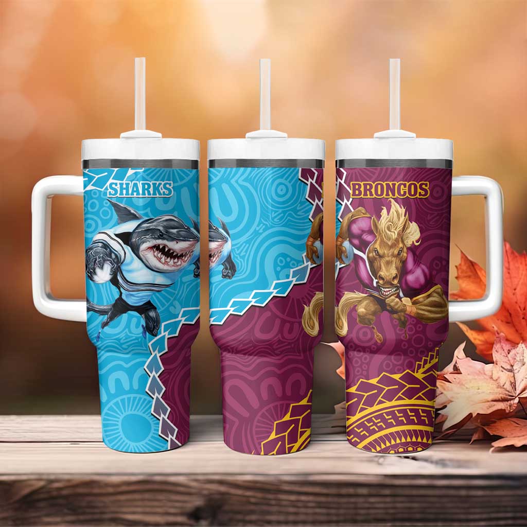 Sharks And Broncos Rugby Aboriginal Mix Polynesian Pattern Custom Stanley Cup 40 oz 30 oz Tumbler With HandleTVC2301322