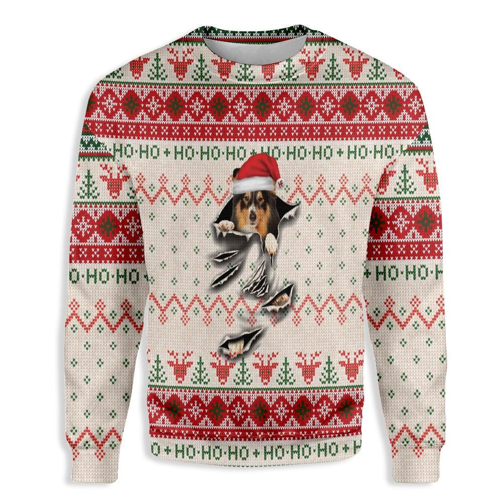 Shetland Sheepdog Scratch Ugly Christmas Sweater Adult 3D Funny Matching for family