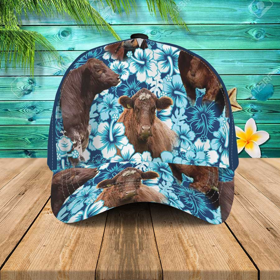 Shorthorn Blue Hibiscus Flowers Hawaiian Summer Caps, Shorthorn Beach Cap Trucker Hats Custom Hats Gifts For Men & Women