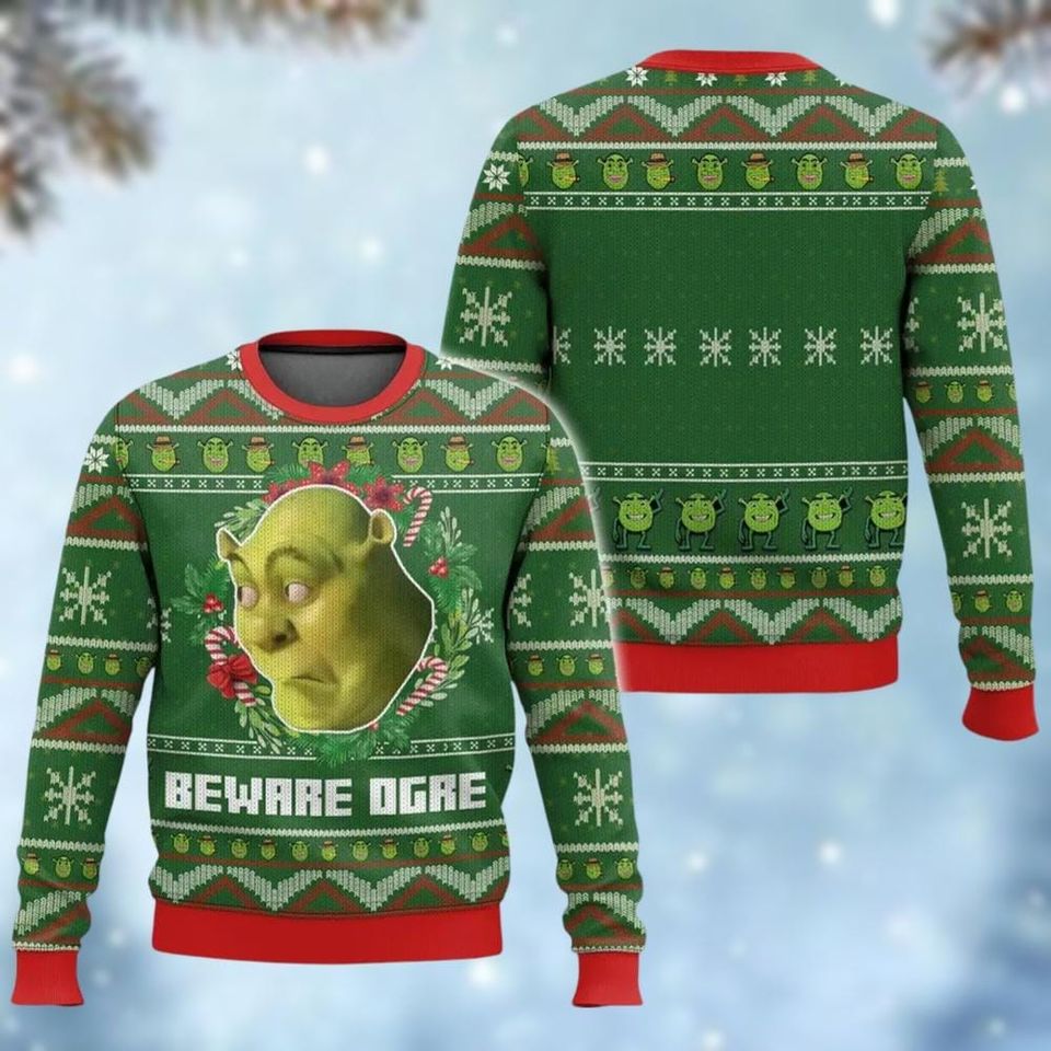 Shrek Ugly Christmas Sweater, Beware Ogre Christmas Sweatshirt, Cartoon Movie Holiday Sweater - Image 2