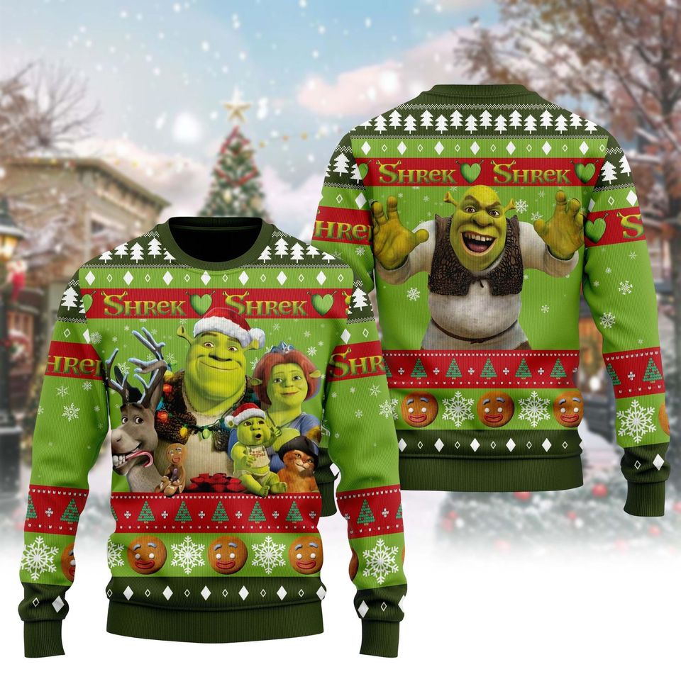 Shrek Ugly Christmas Sweater, Shrek Fiona Donkey Santa Hat Sweater