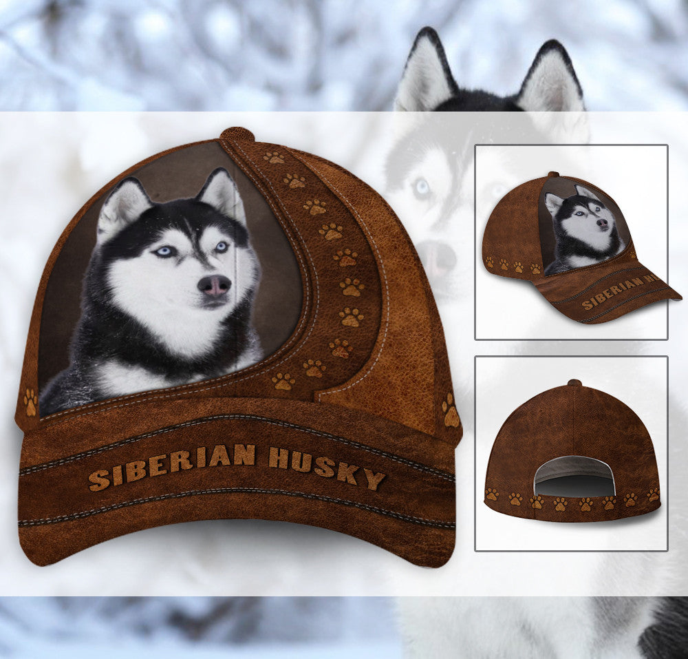 Siberian Husky Dog Leather Hat Classic Cap Trucker Hats Custom Hats Gifts For Men & Women