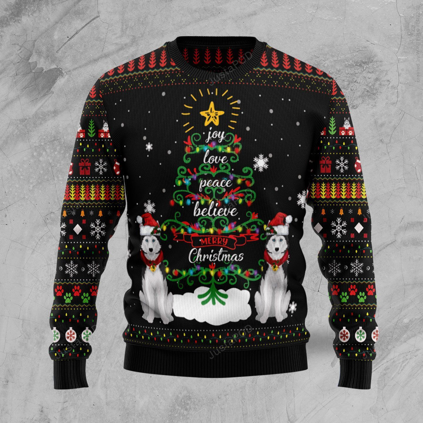 Siberian Husky Joy Love Peace Believe Ugly Christmas Sweater Adult 3D Funny Matching for family