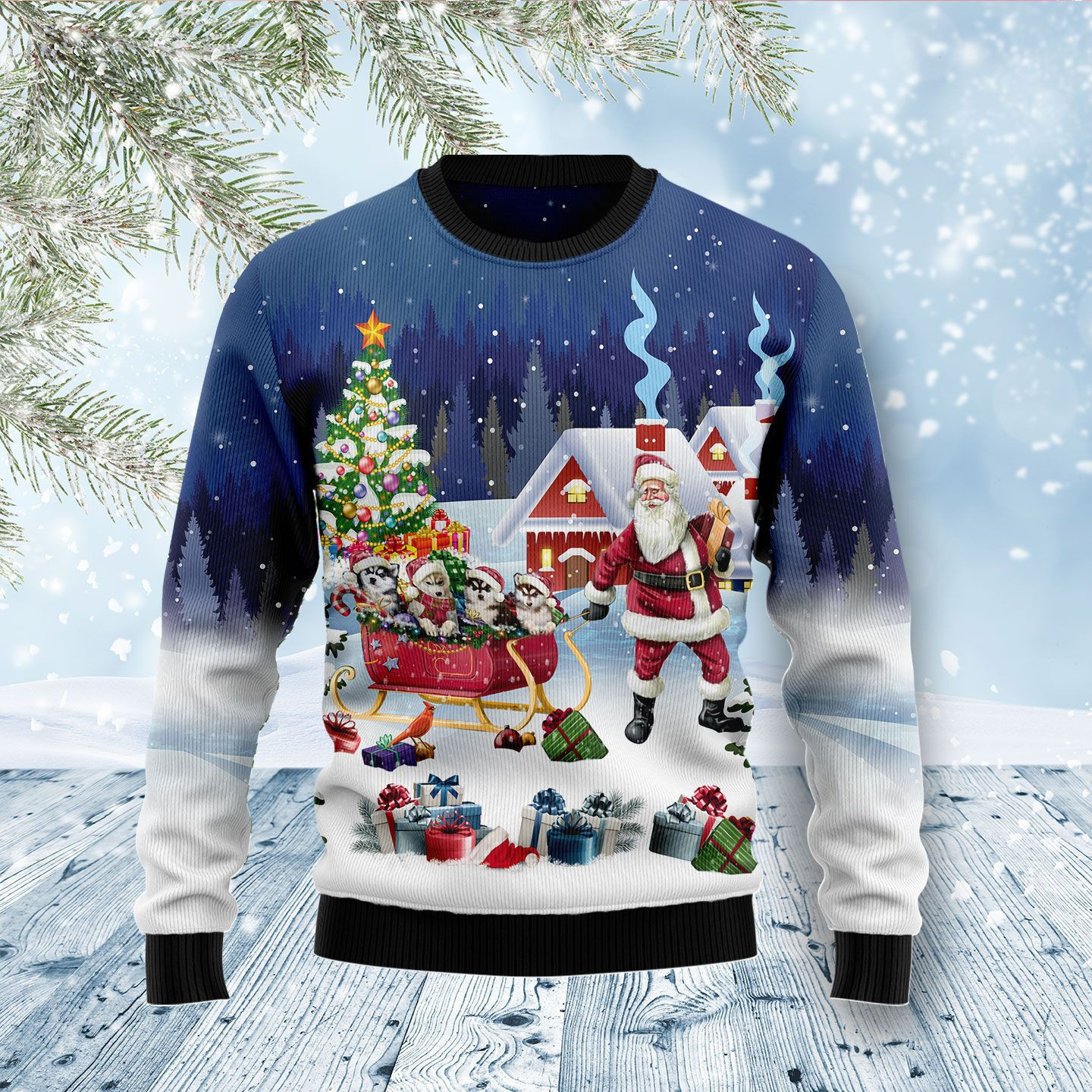 Siberian Husky Santa Ugly Christmas Sweater Adult 3D Funny Matching for family