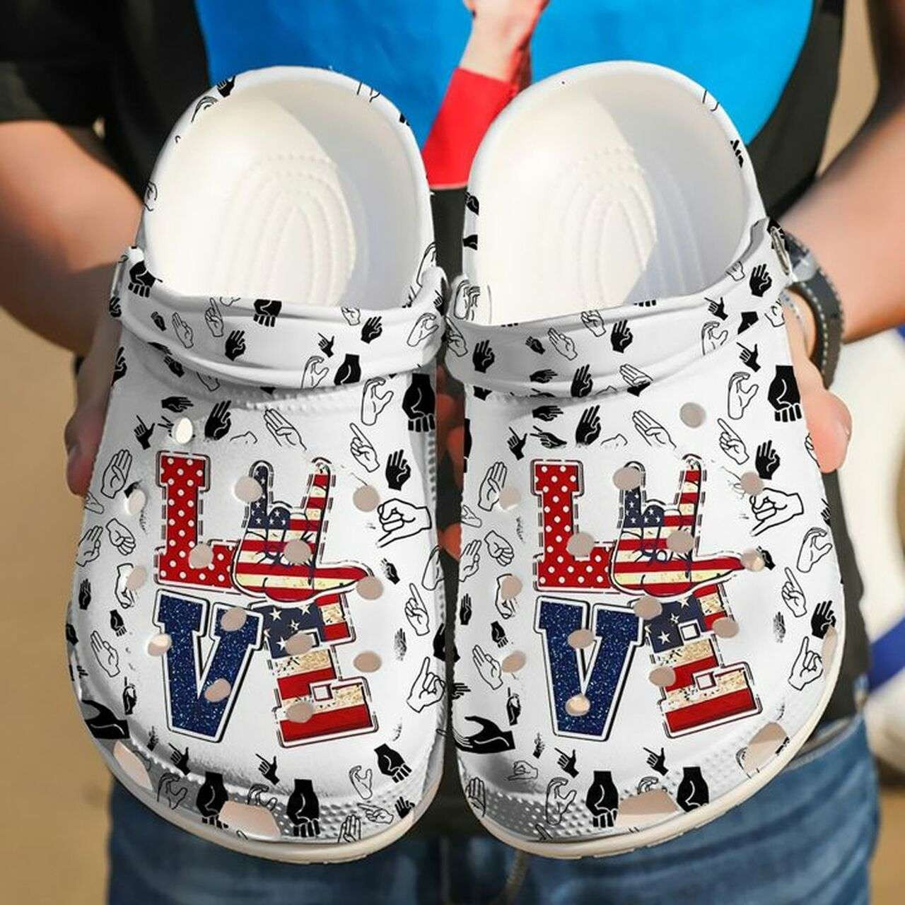 Sign Language I Love You America 4Th Of July Crocband Clogs