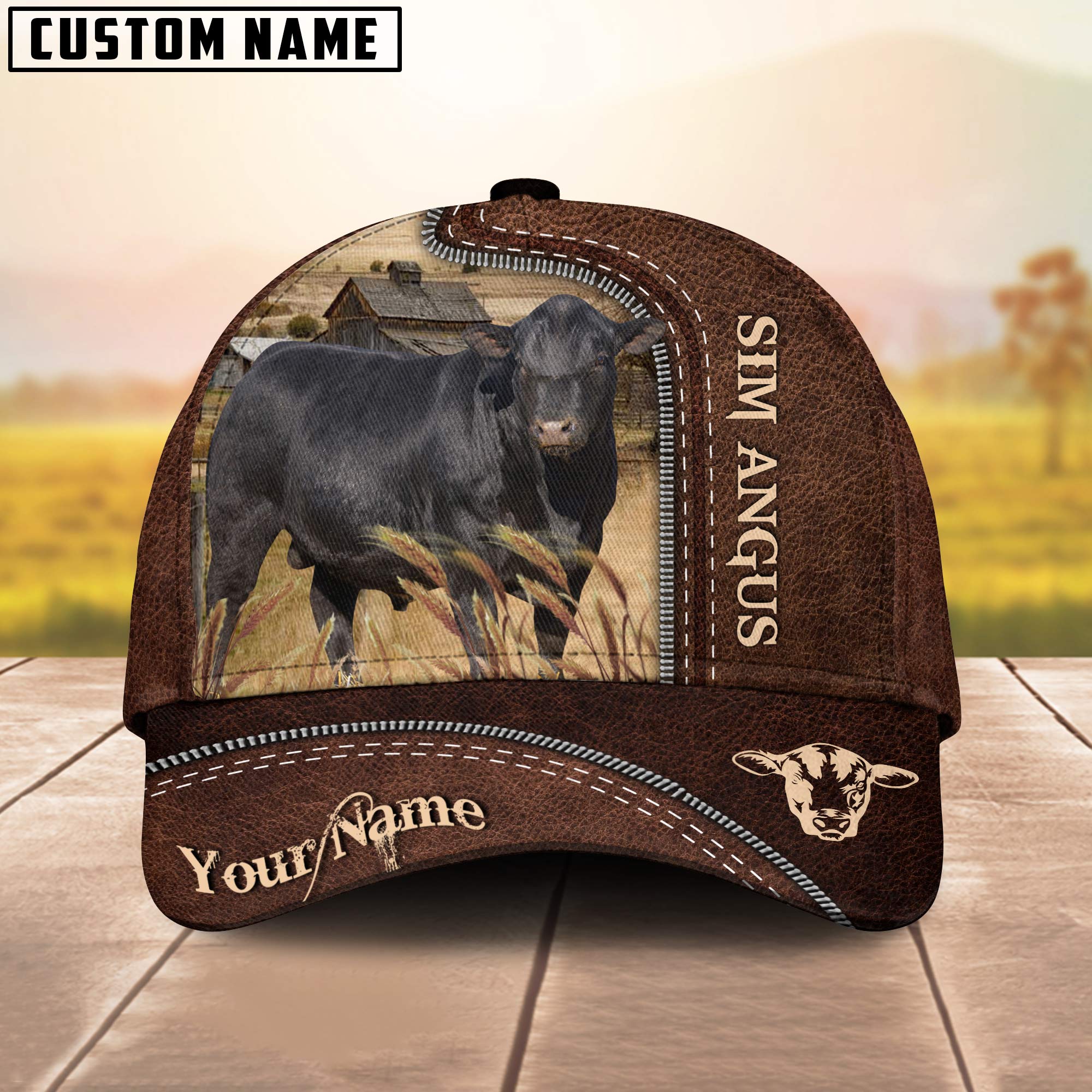 Sim Angus Customized Name Leather Paern 3D Cap 3D All Over Print Baseball Cap, Cap For Farm Lovers, Animal Cap, Leather Pattern Cap Trucker Hats Custom Hats Gifts For Men & Women