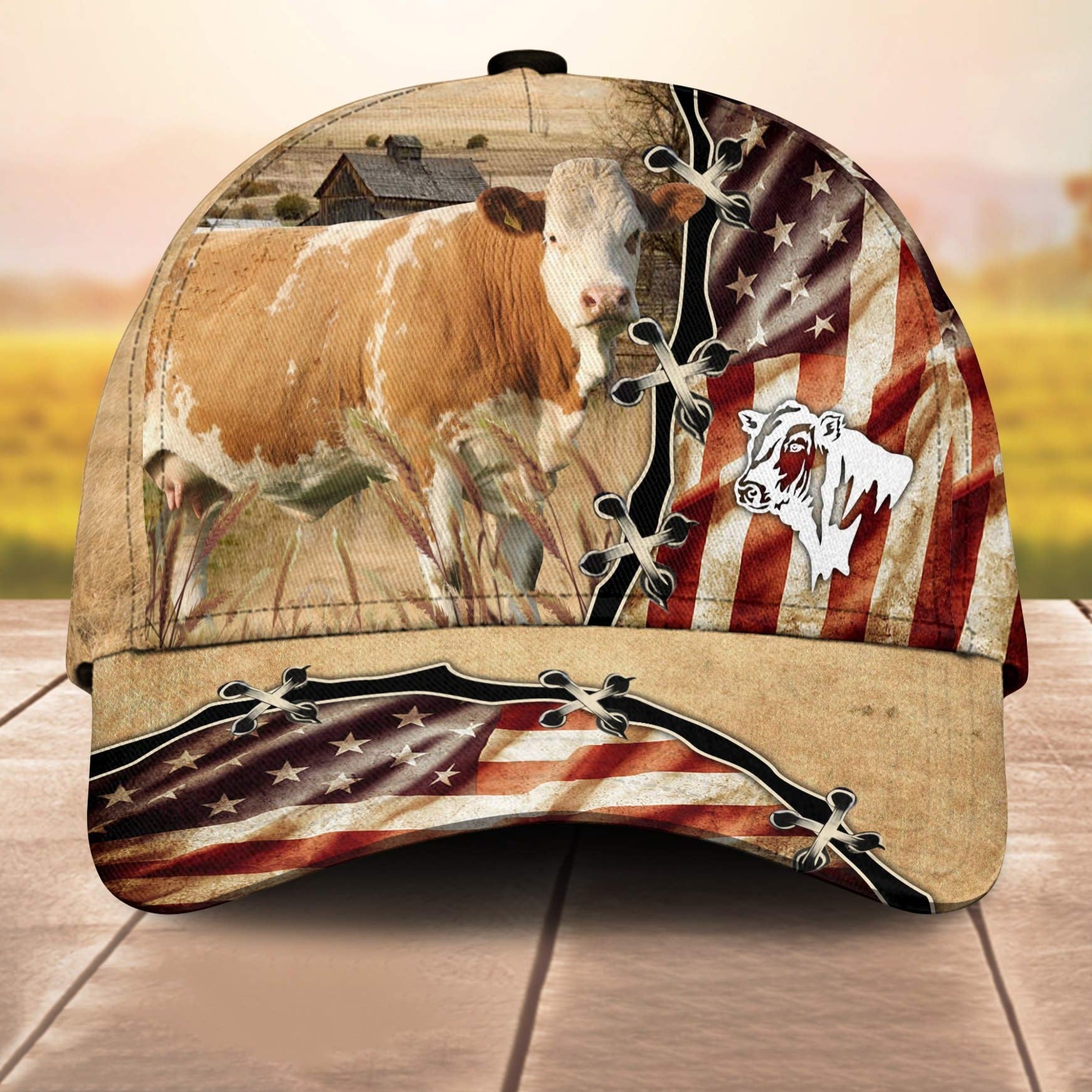 Simmental American Flag Custom Name Retro 3D Cap 3D All Over Print Baseball Cap, Cap For Farm Lovers, Animal Cap, Leather Pattern Cap Trucker Hats Custom Hats Gifts For Men & Women