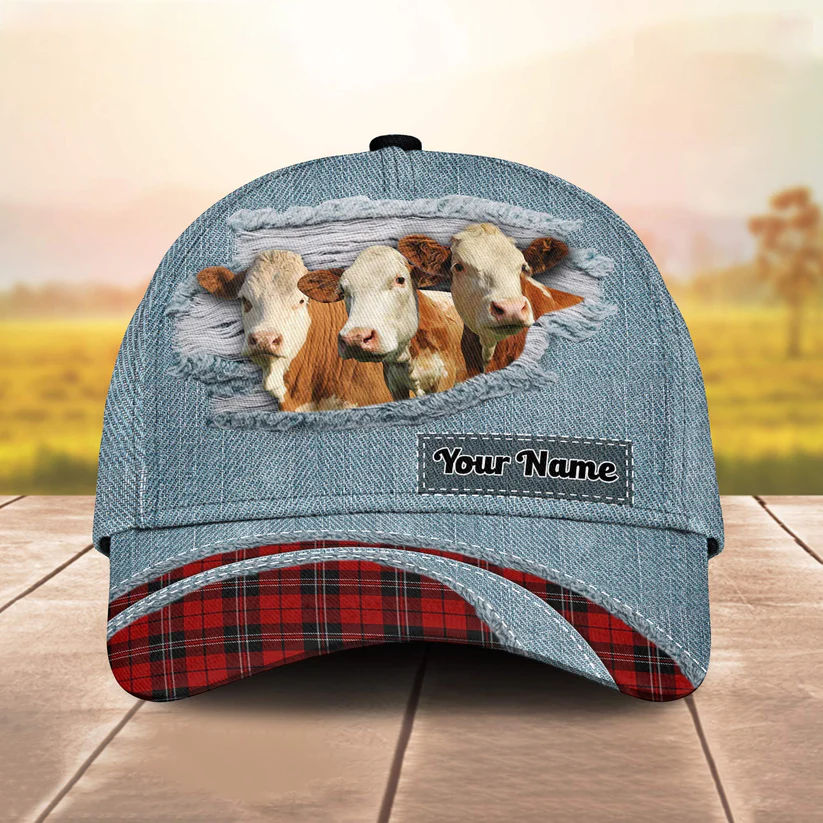 Simmental Red Caro And Jeans Pattern Customized Name Cap Trucker Hats Custom Hats Gifts For Men & Women
