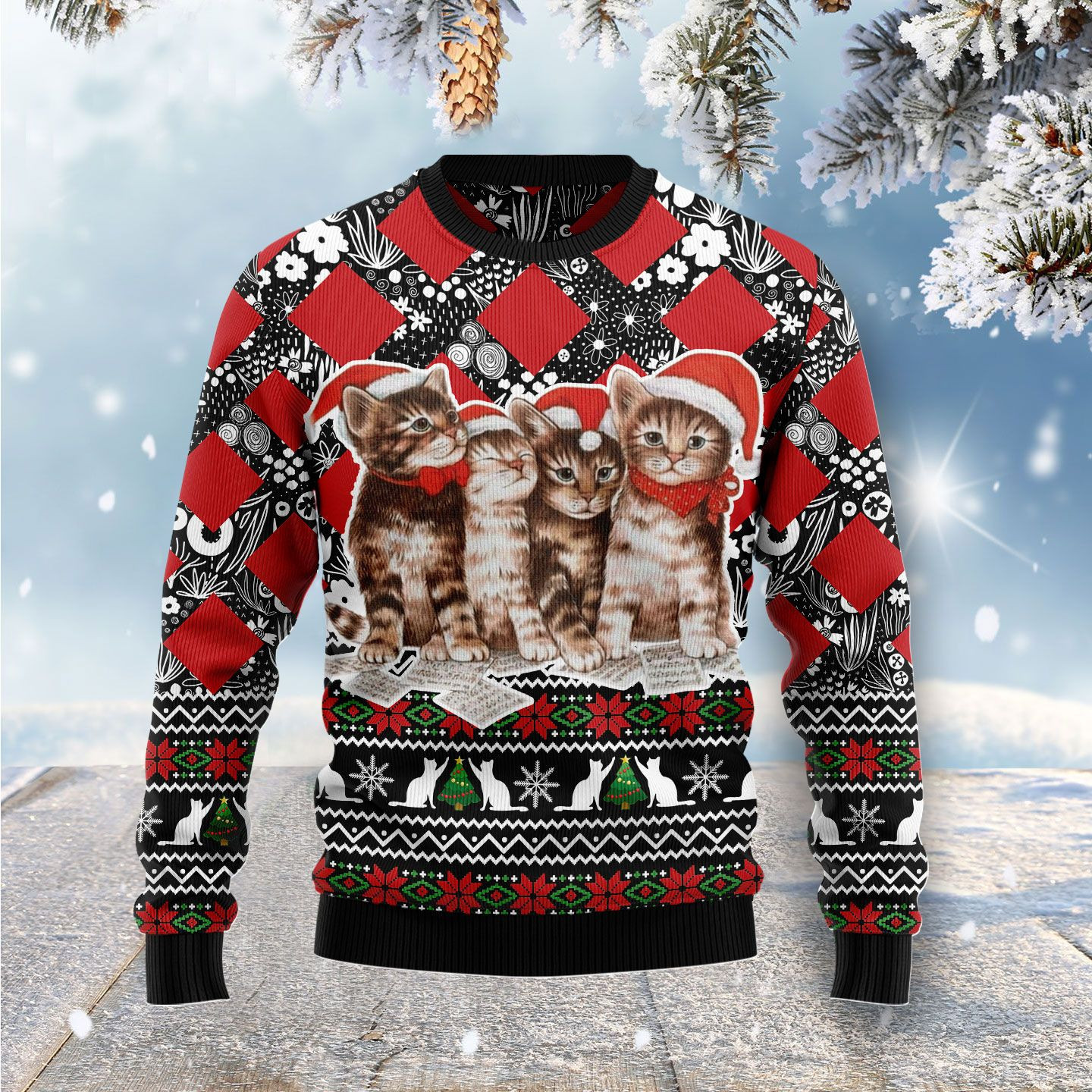 Singing Cats Kitten Ugly Christmas Sweater Adult 3D Funny Matching for family