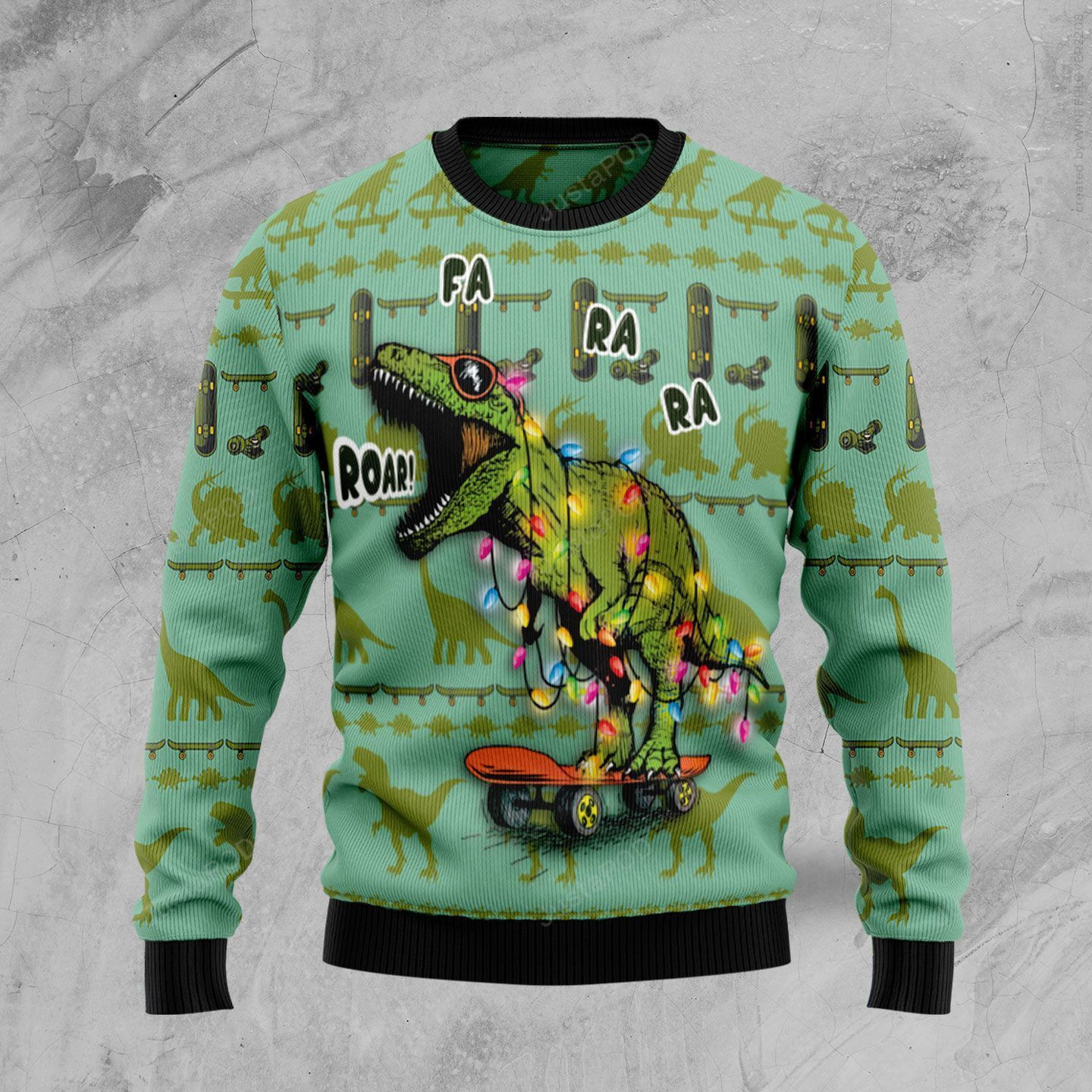 Skateboard Dinosaur Ugly Christmas Sweater Adult 3D Funny Matching for family