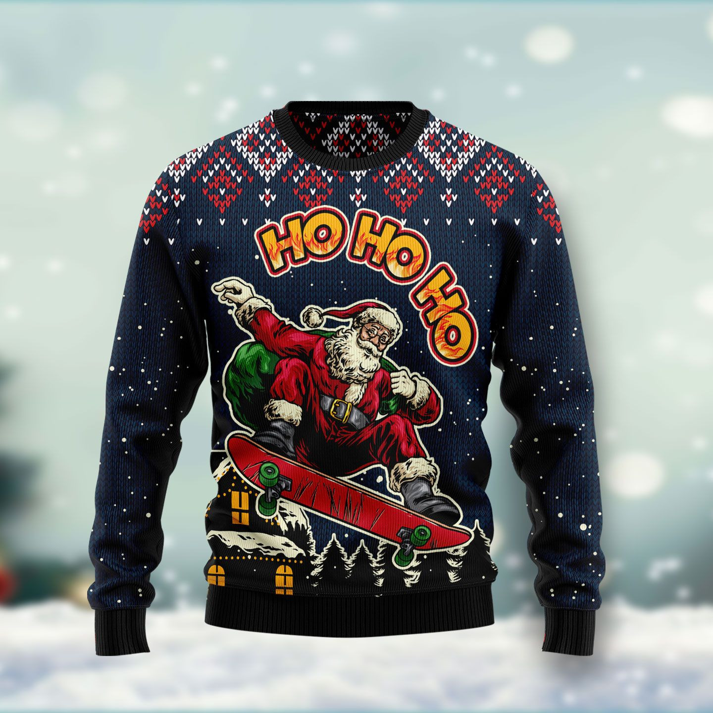 Skater Santa Claus Ho Ho Ho Ugly Christmas Sweater Adult 3D Funny Matching for family