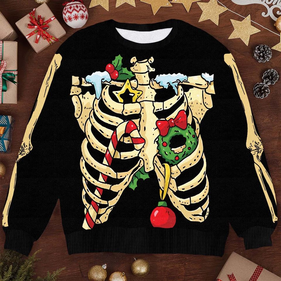 Skeleton Awesome Ugly Christmas Sweater, Funny Skeleton Xmas Sweater