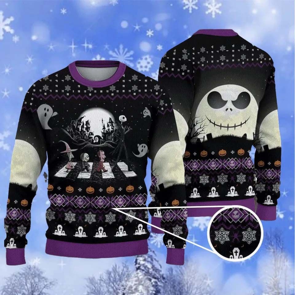 Skeleton Crossing Road Character Ugly Christmas Sweater, Horror Nightmare Movie Xmas