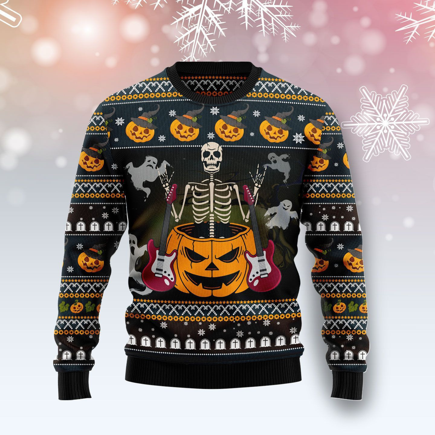 Skeleton Guitar Ugly Christmas Sweater Adult 3D Funny Matching for family