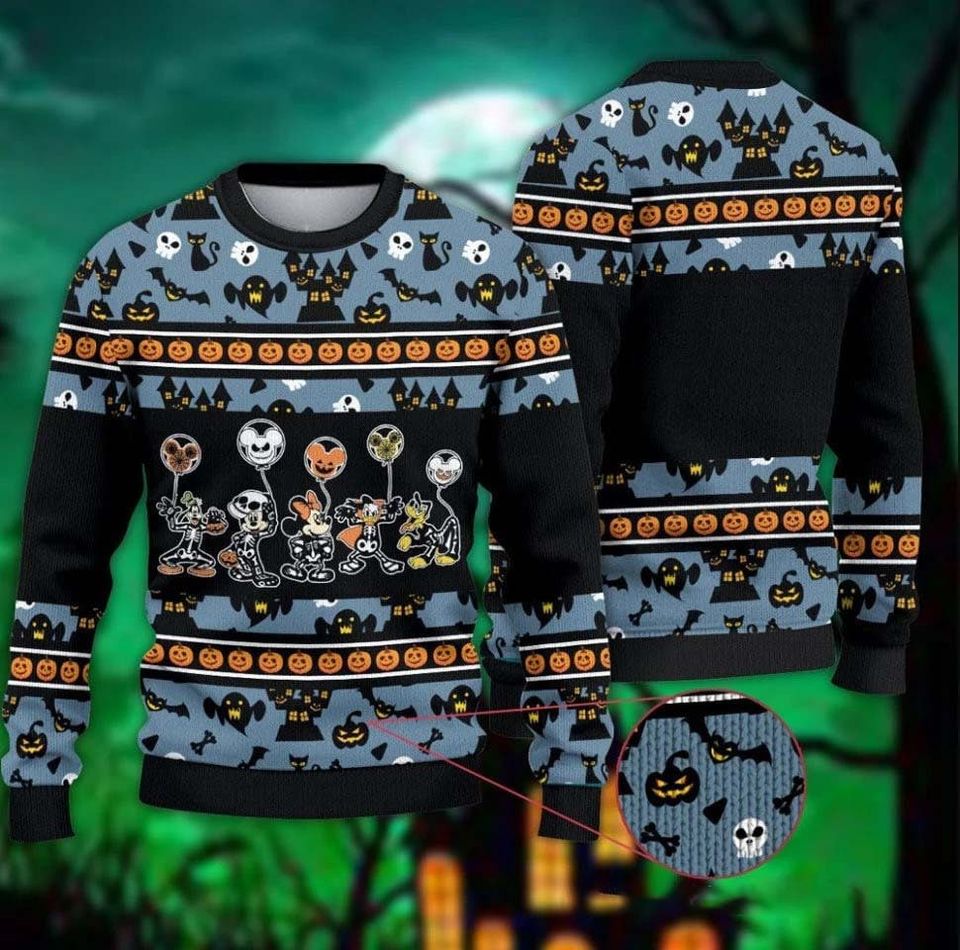 Skeleton Mouse And Friend Balloon Halloween 3D Ugly Christmas Sweater, Xmas Sweatshirt