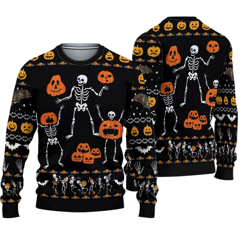 Skeleton Pumpkin Halloween Ugly 3D Sweater