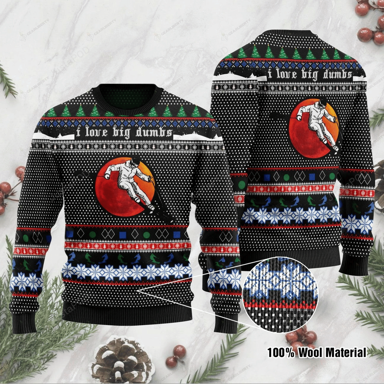 Skiing I Love Big Dumbs Ugly Christmas Sweater Adult 3D Funny Matching for family